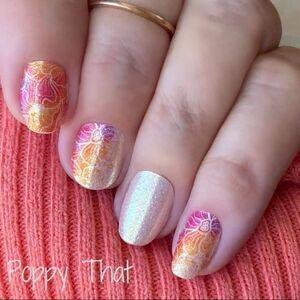 Color Street - Poppy That, multi-colored floral on a shimmery pink - gold nails